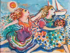 Figures on a beach by Zamy Steynovitz, oil on canvas, sold Mar 2026