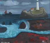 St Ives coastal landscape looking towards Godrevy lighthouse by Alan Furneaux, oil on board, sold Mar 2026