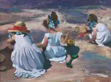 Children on a beach, monogrammed lower right by Sharyn Jennings, oil on card, sold Mar 2026