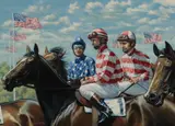 Stars and Stripes - Pat Day & Sandy Hawley by Roy Miller, oil on canvas, sold Mar 2026