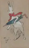 Study of a white rabbit wearing a red scarf and holding an umbrella by Cecil Aldin, ink and watercolour, sold Mar 2026
