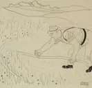 Cartoon study of a man using a scythe by Nicolas Bentley, ink on paper, offered Mar 2026