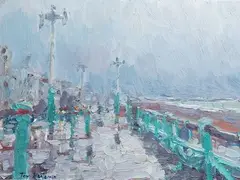 Brighton Seafront, Rain by Tom Benjamin, oil on board, sold Mar 2026