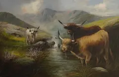 Highland landscape with cattle by Edward Armfield, oil on canvas, sold Mar 2026