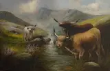 Highland landscape with cattle by Edward Armfield, oil on canvas, sold Mar 2026