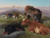 Sheep dog with sheep and cattle grazing in a landscape by George William Horlor, 1888, oil, sold Mar 2026