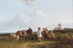 Landscape with figures and donkeys before a windmill by John Duval, oil on canvas, sold Mar 2026