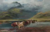 Mountainous landscape with Highland cattle by Henry Garland, oil, sold Mar 2026