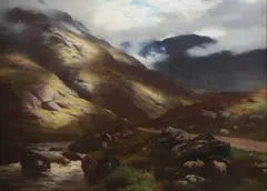 Highland landscape with an angler and flock of sheep by Peter Graham, 1878, oil on canvas, sold Mar 2026