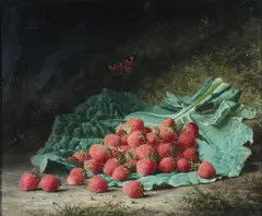 Still life of strawberries and cabbage leaf by Henry George Todd, 1878, oil on canvas, sold Mar 2026