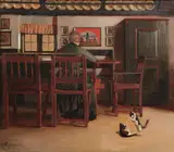 Interior scene with kittens playing by Knud Sinding, oil on canvas, sold Mar 2026