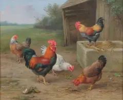 Chickens in a Farmyard by Edgar Hunt, oil on canvas, sold Mar 2026
