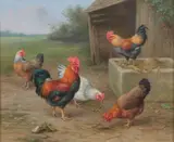 Chickens in a Farmyard by Edgar Hunt, oil on canvas, sold Mar 2026