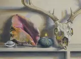 Still life with deer skull by Lee Kromschroeder, oil on board, sold Mar 2026