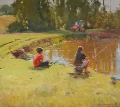 Morning Fishing by Vitaly Baranenko, oil on canvas, sold Mar 2026
