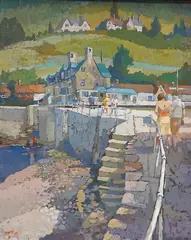 Harbour view with figures by Warren Storey, oil on board, sold Mar 2026