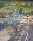 Harbour view with figures by Warren Storey, oil on board, sold Mar 2026