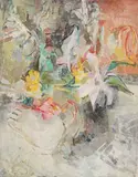 Still life of flowers in a vase by Maggie Townsend, oil on board, sold Mar 2026