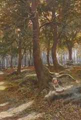 Figures in a woodland with dappled light by James Barnes, watercolour, sold Mar 2026