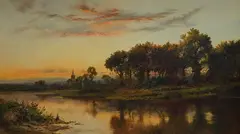 Riverscape with church spire beyond by Daniel Sherrin, oil on canvas, sold Feb 2026