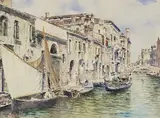 Venetian canal with boats and gondolas by Vittore Zanetti Zilla, watercolour, sold Feb 2026
