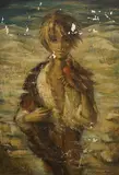 Surreal figure a holding a bird by Ghislaine Lesourt-Rottinger, oil on canvas, sold Feb 2026