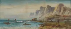 Coastal view with fishermen by Lennard Lewis, watercolour, sold Feb 2026