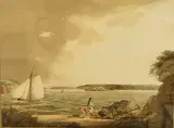 Beach scene with figures and fishing boats beyond by William Payne, watercolour, sold Feb 2026