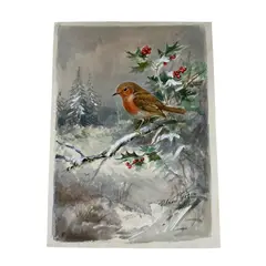 Study of a robin on a Holly branch by Roland Green, watercolour on card, sold Feb 2026