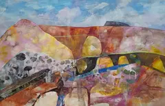 Abstract landscape by Robin Richmond, 1936, mixed media, sold Feb 2026