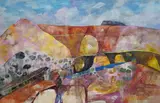 Abstract landscape by Robin Richmond, 1936, mixed media, sold Feb 2026