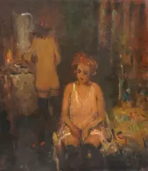 Interior scene with two semi nude women by Ken Moroney, oil on board, sold Feb 2026