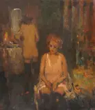 Interior scene with two semi nude women by Ken Moroney, oil on board, sold Feb 2026