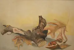 Still life of bark and leaves by Robert Duckworth Greenham, oil, sold Feb 2026