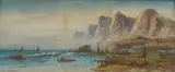 Coastal view with fishermen by Lennard Lewis, watercolour, offered Feb 2026