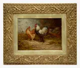 Chickens in a farmyard barn by E.S. England, Oil on board, sold Oct 2025