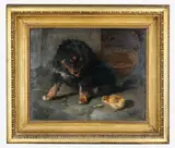 Dog and chick by G. W. Horlor, Oil on canvas, sold Oct 2025