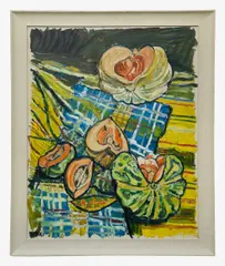 Melons on a scattered table cloth by John Bratby, oil on canvas, sold Oct 2025