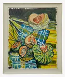 Melons on a scattered table cloth by John Bratby, oil on canvas, sold Oct 2025