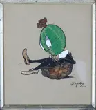 Caricature of a Gooseberry-headed figure by Q. Matthews, Ink and gouache on paper, offered Oct 2025