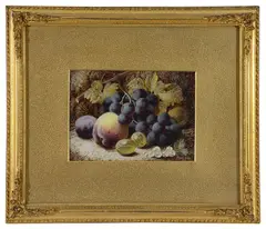 Still Life of Grapes and Plums by Oliver Clare, oil on card, offered Feb 2025
