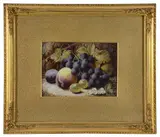 Still Life of Grapes and Plums by Oliver Clare, oil on card, offered Feb 2025