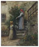 Mother, Child, Flowers by Léonide Bourges, oil on board, sold Feb 2025