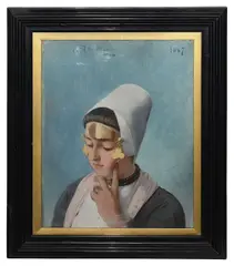 Portrait of a Dutch girl by Henry Jones Thaddeus, 1887, oil on panel, sold Oct 2024