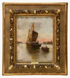 Fishing boats by L. Nitra, oil on canvas, sold Oct 2024