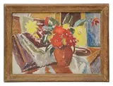Dahlias in a Brown Vase by Frederick James Porter, oil on board, sold Feb 2023