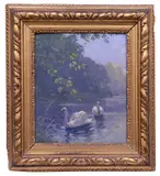 Swans on the water by Adolf Kaufmann, oil on panel, offered May 2022