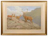 Study of a Red Stag and Hinds, within a Highland Landscape by Frank Paton, 1901, watercolour and gouache, sold May 2022