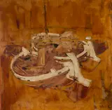 Fishing boats on the shore by Euan Fraser, oil on canvas, offered Nov 2021