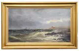 A coastal view with a rough sea and shipping by Richard Short, oil on canvas, sold Nov 2021